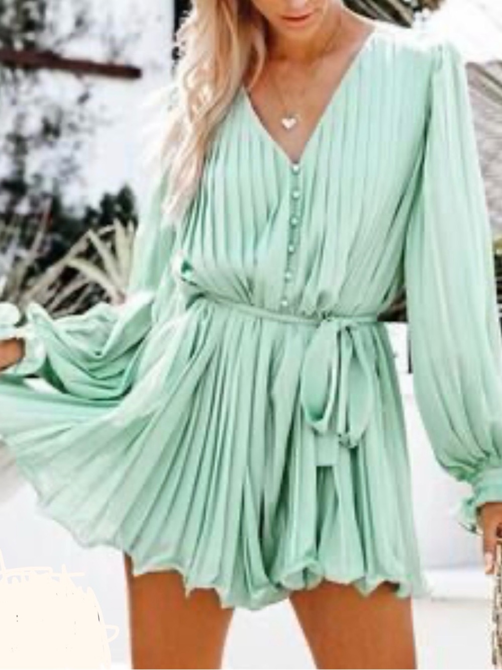 Endless Rose Sage Green Pleated V-Neck Tie-Waist Romper